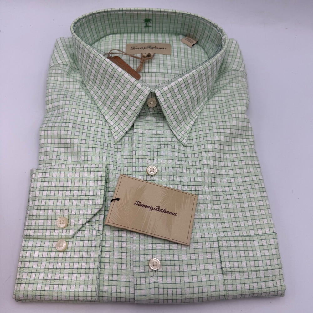 Tommy Bahama Mens 17.5 34/35 Green White Grid Check Cotton Button Down Shirt NEW
